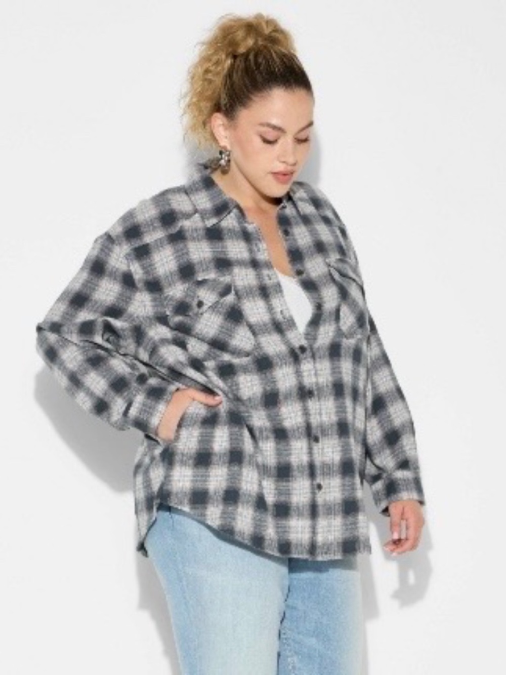Women’s Oversized Long Sleeve Collared Flannel Shirt - Wild Fable Black Plaid XS